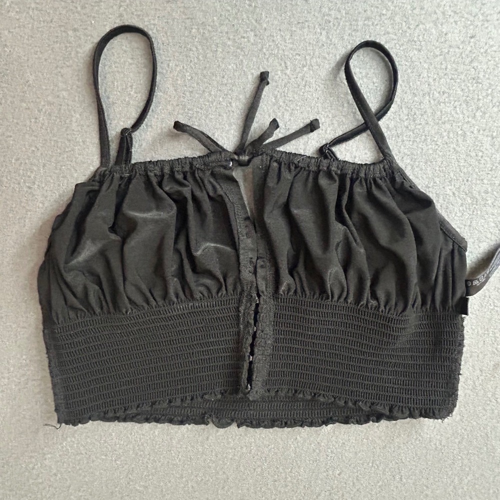 Out From Under Top Womens S Black Smocked Hook Eye Crop Cami Urban Outfitters